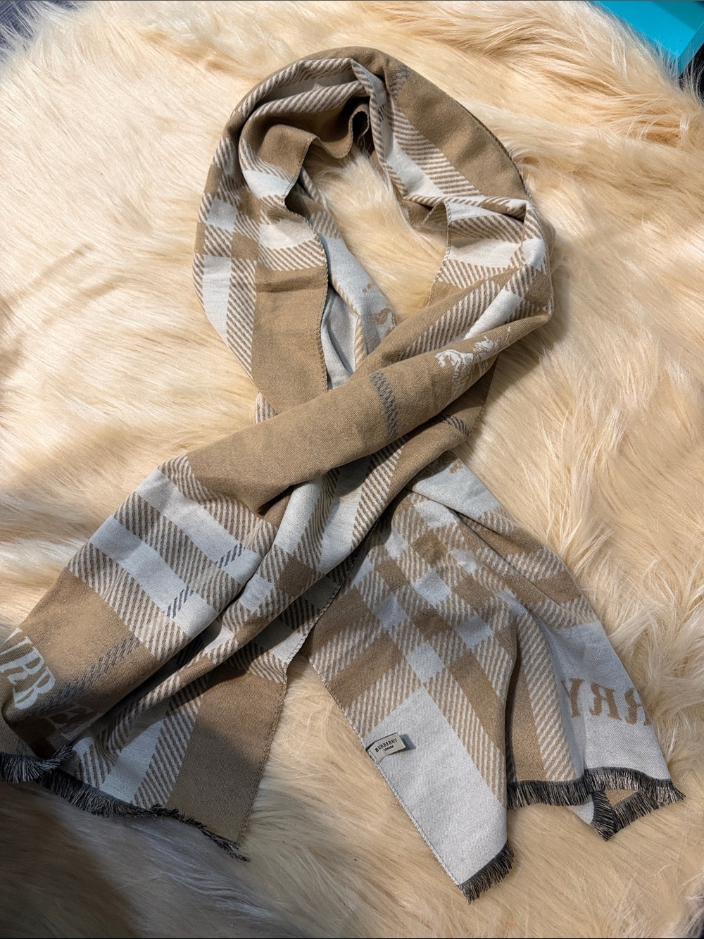 Beige and Ivory Plaid Logo Scarf